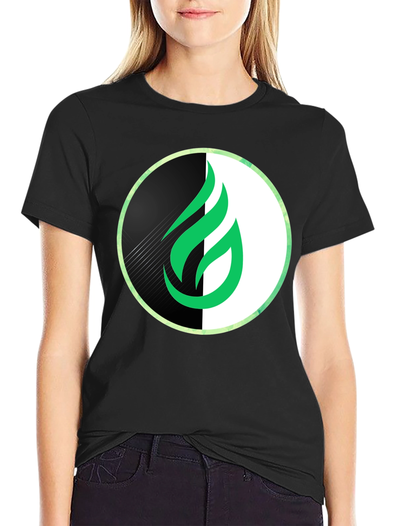 Modern Green Flame Graphic Black T-Shirt
