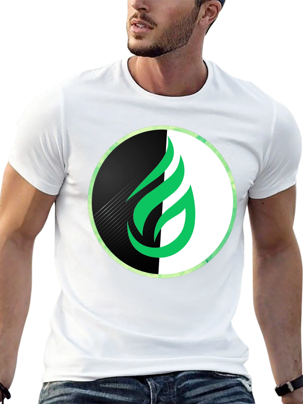 Modern Green Flame Graphic Black T-Shirt