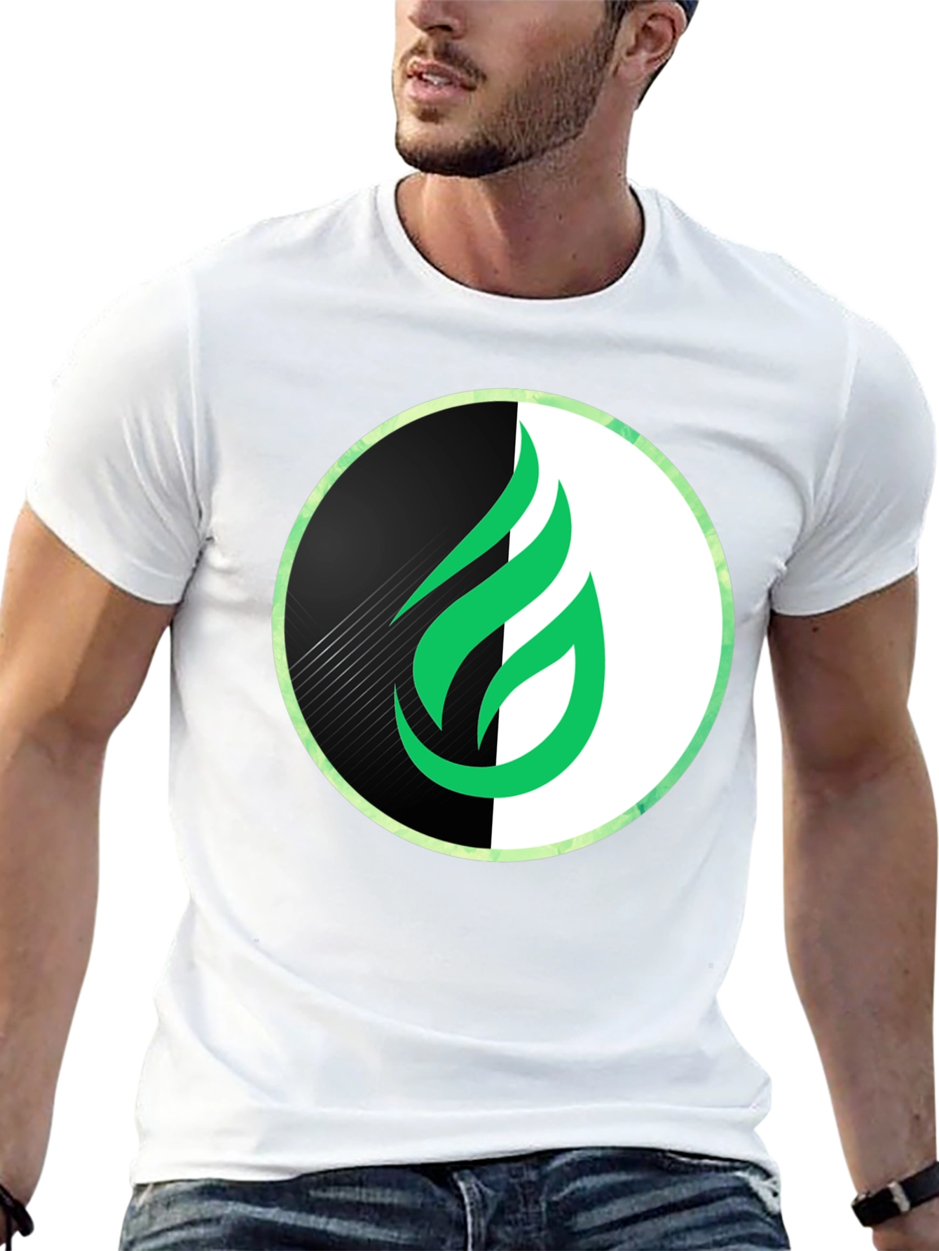 Modern Green Flame Graphic Black T-Shirt
