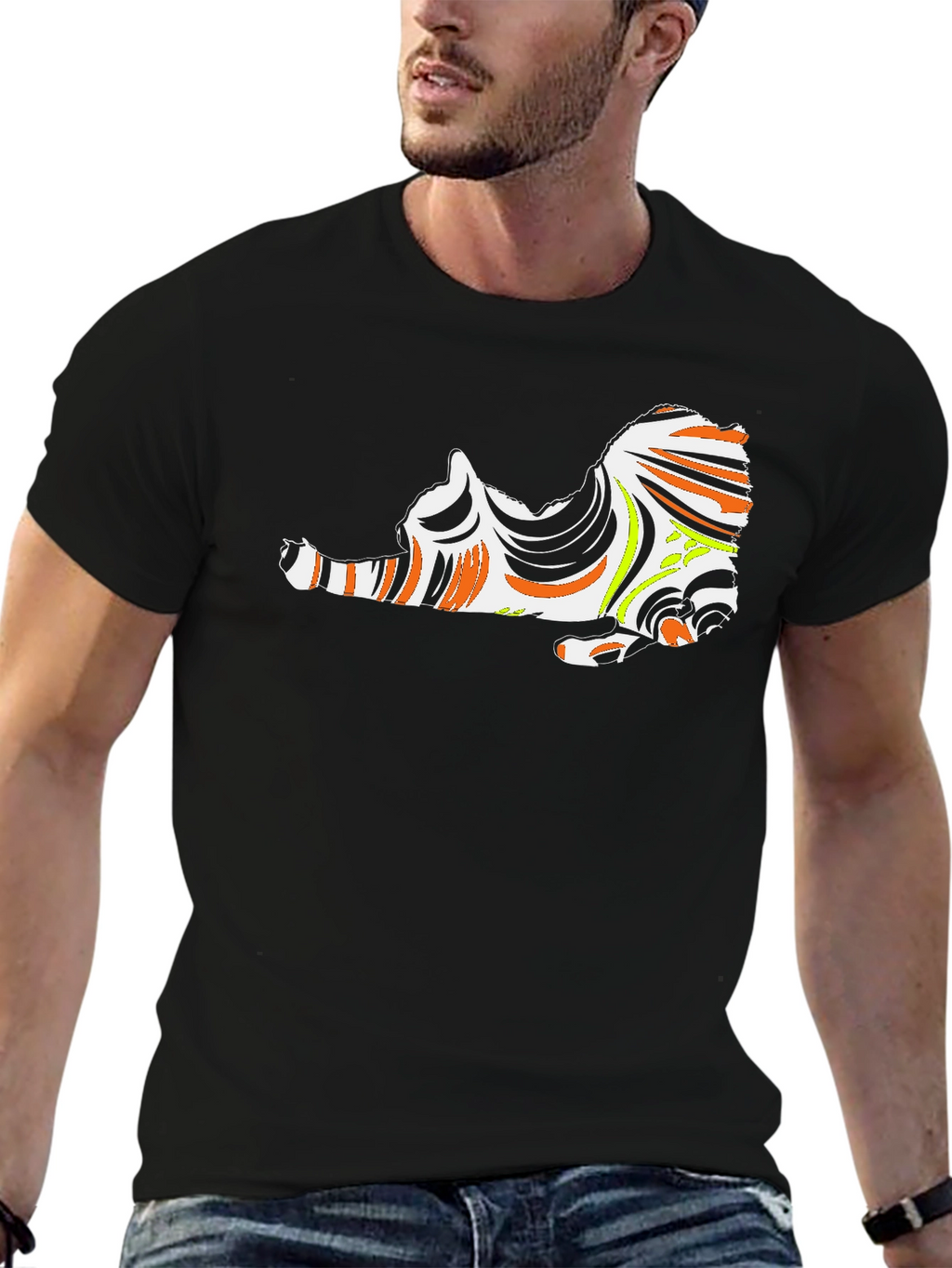 Abstract Cat Graphic Print Black T-Shirt