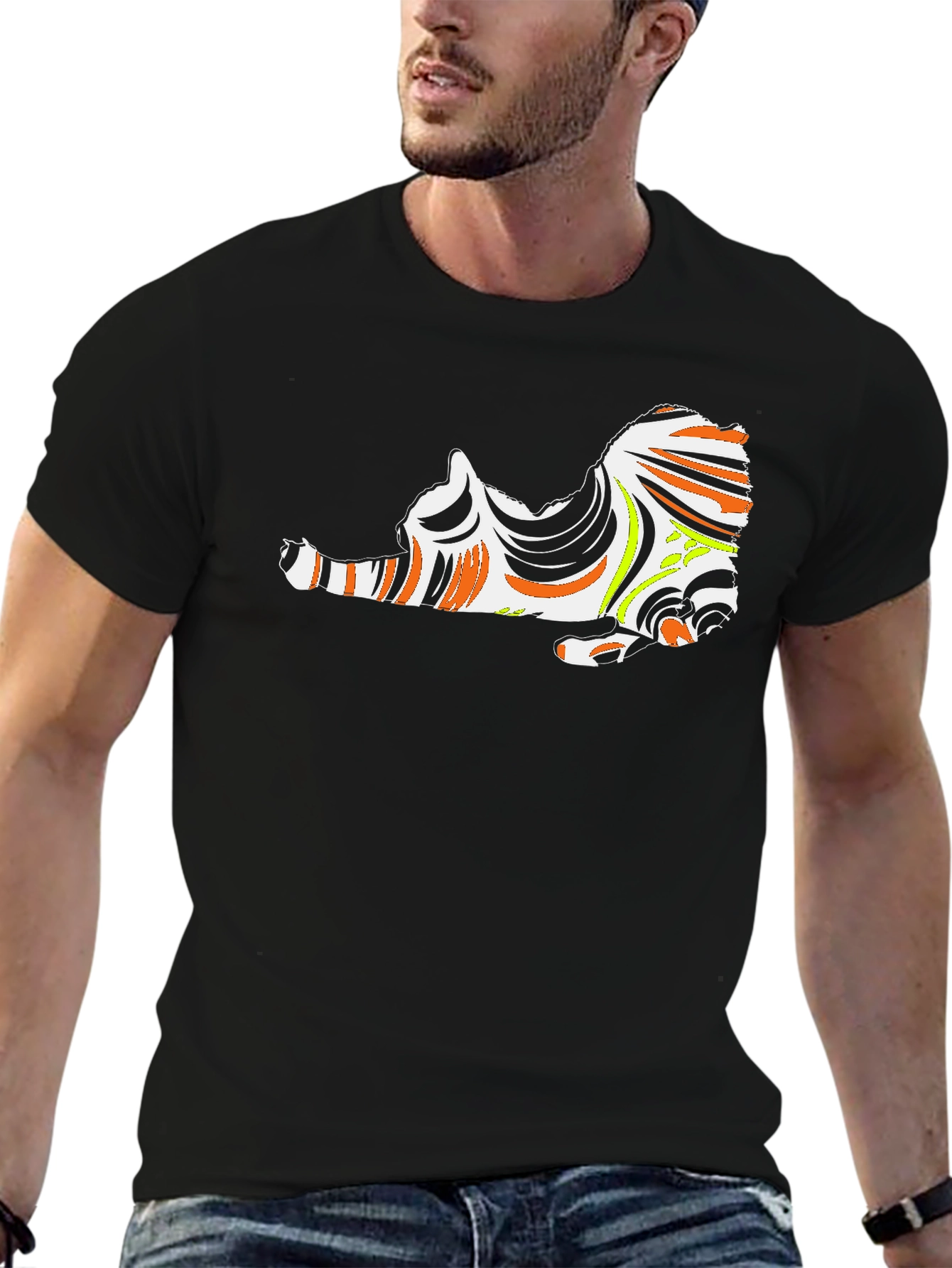 Abstract Cat Graphic Print Black T-Shirt