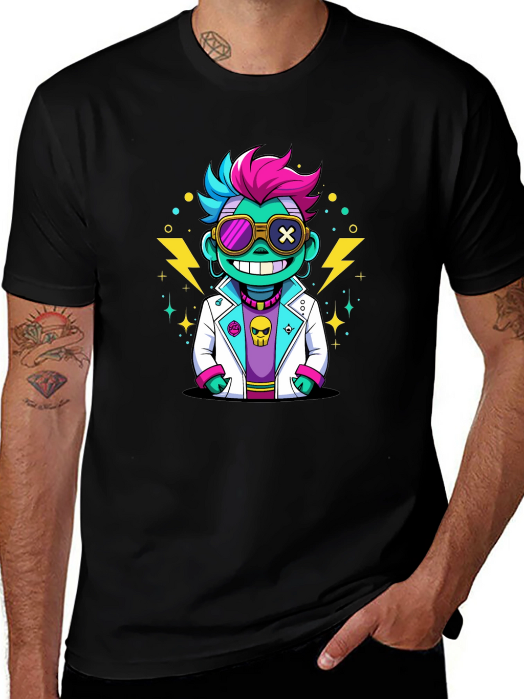 Cartoon Scientist Graphic Tee - Black T-Shirt