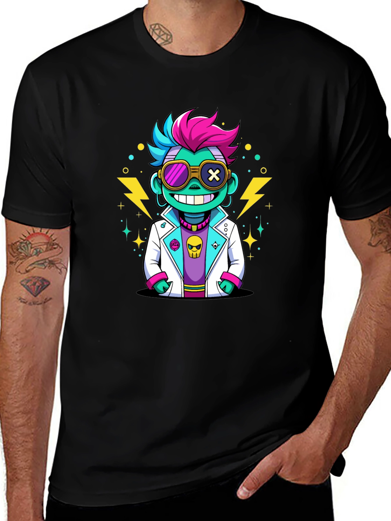 Cartoon Scientist Graphic Tee - Black T-Shirt