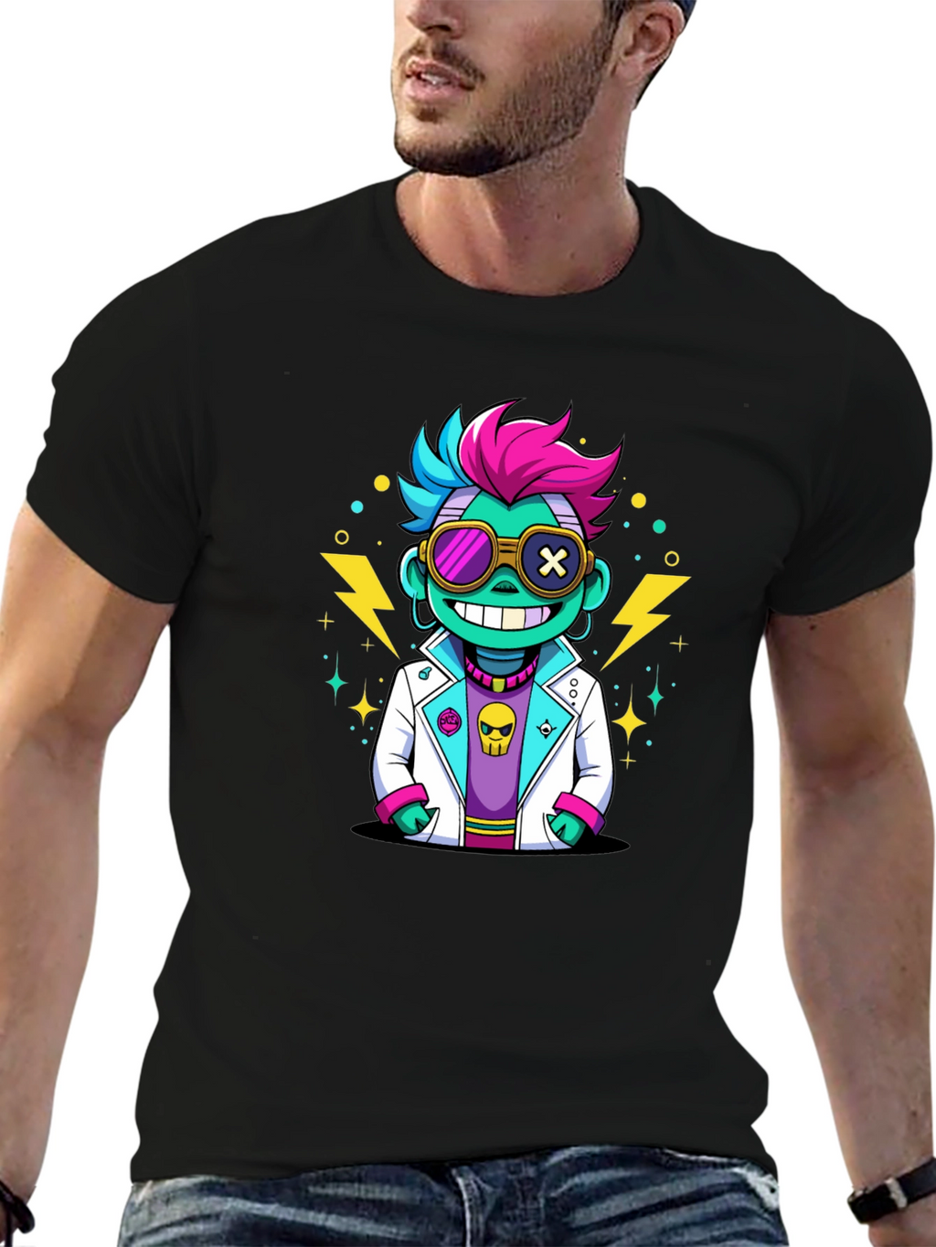 Cartoon Scientist Graphic Tee - Black T-Shirt