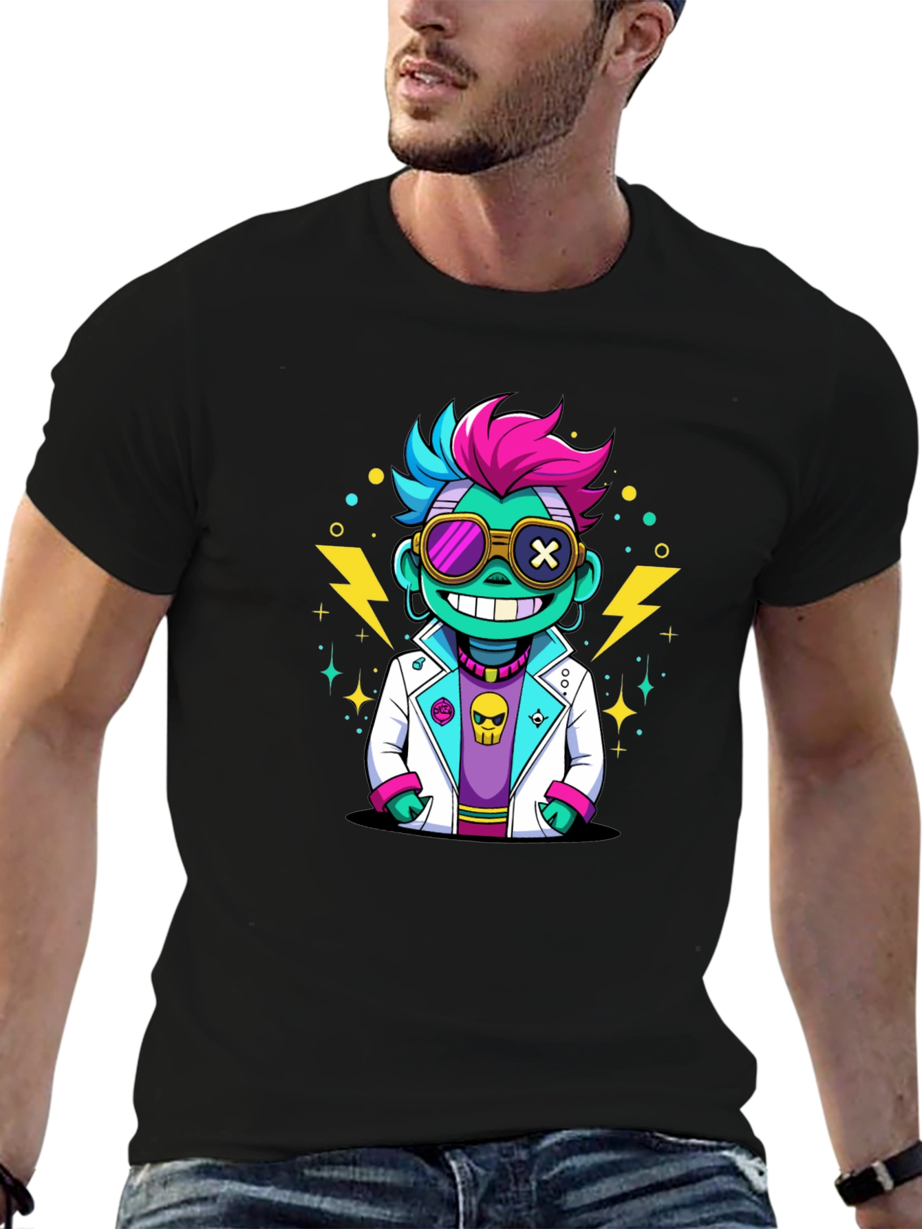 Cartoon Scientist Graphic Tee - Black T-Shirt