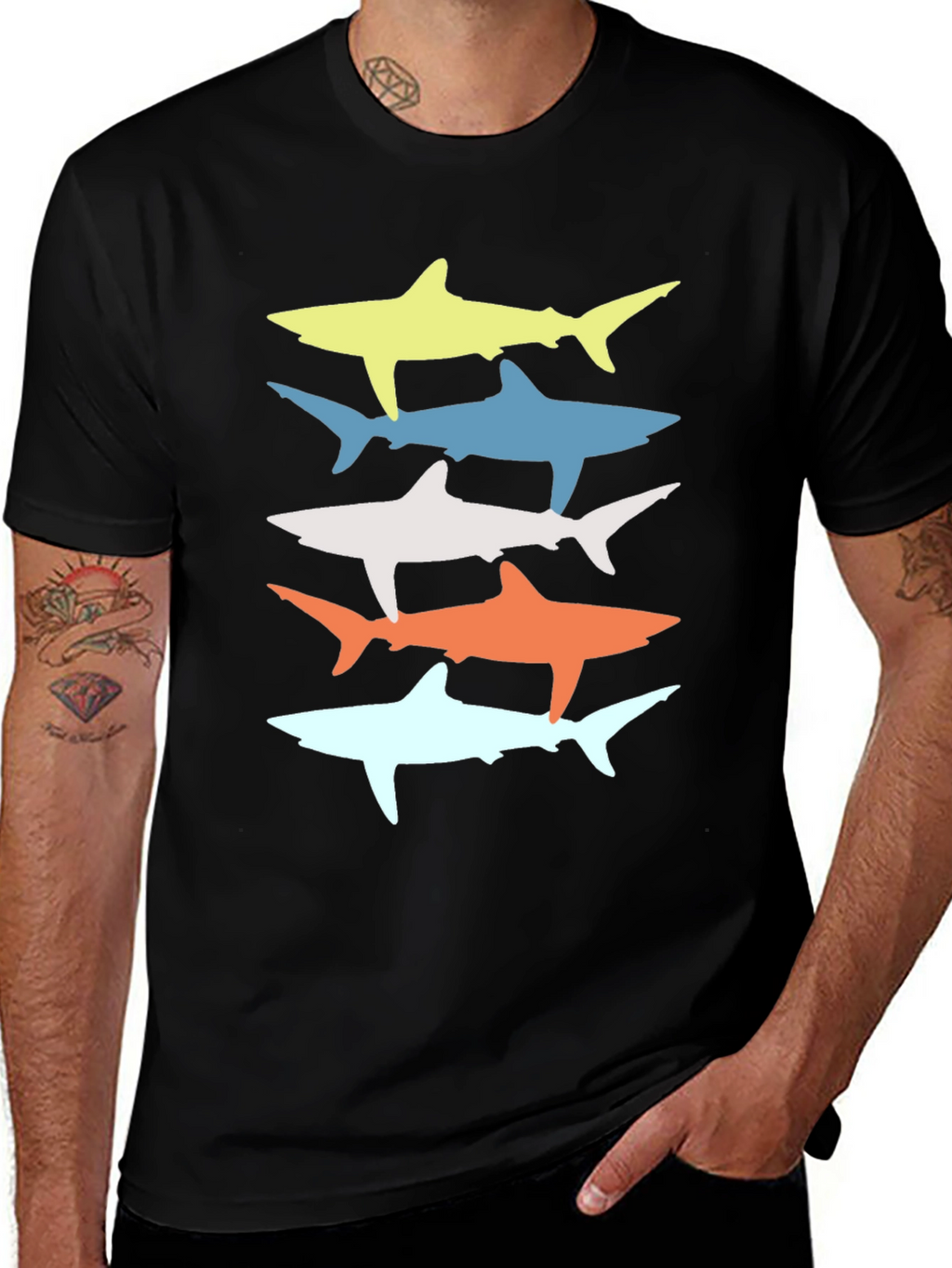 Retro Shark Stack Graphic Tee - Cool Casual Style