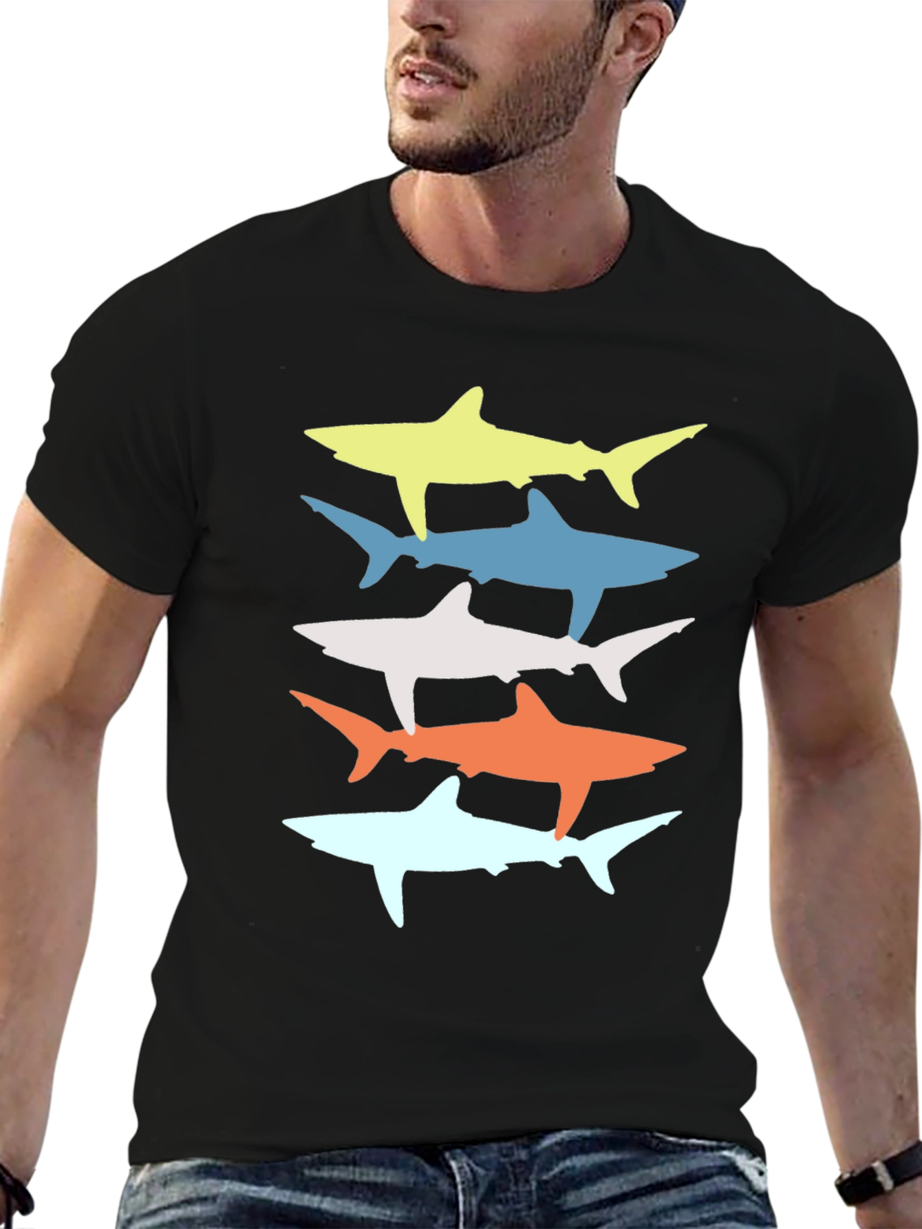 Retro Shark Stack Graphic Tee - Cool Casual Style