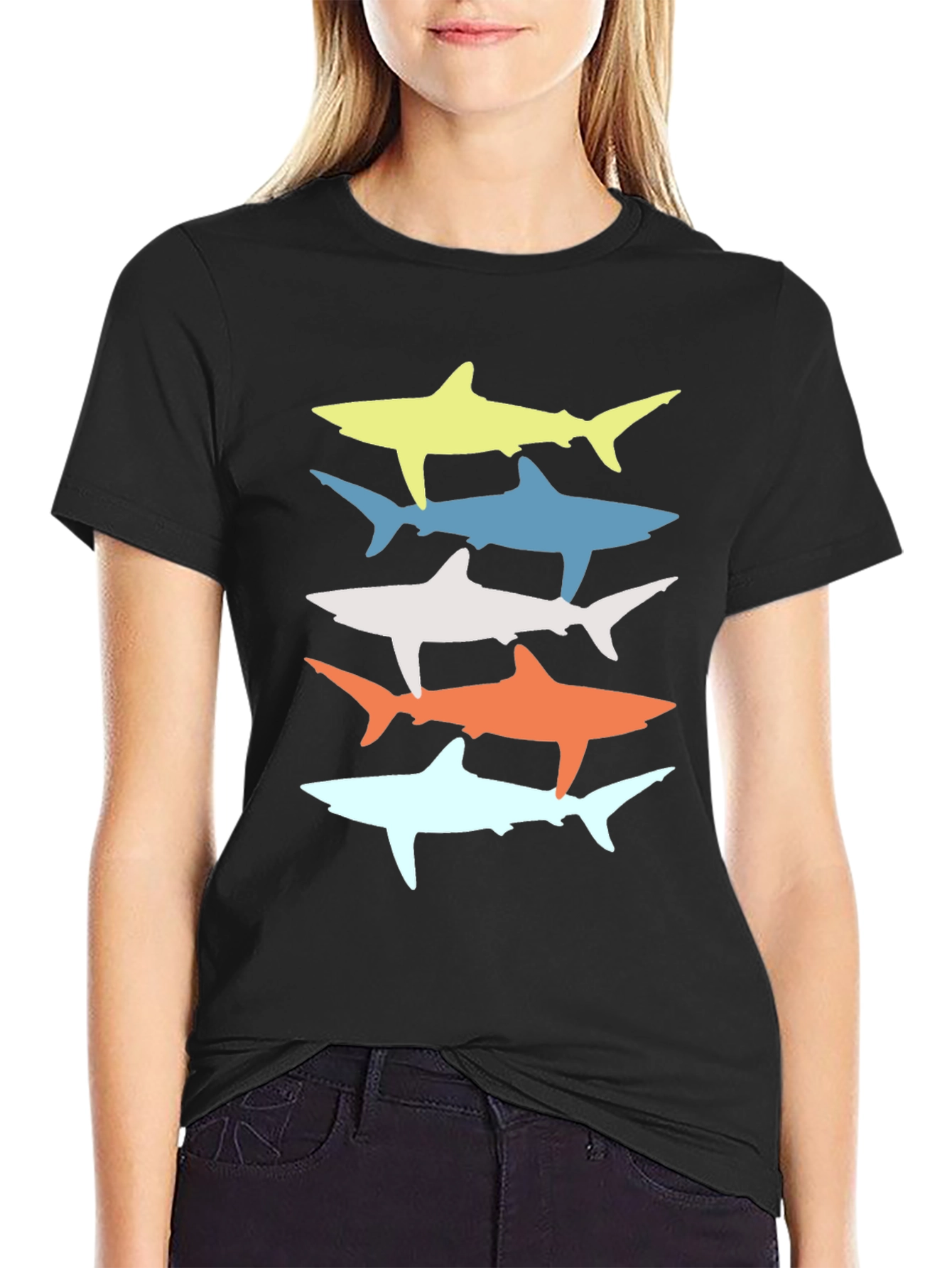 Retro Shark Stack Graphic Tee - Cool Casual Style