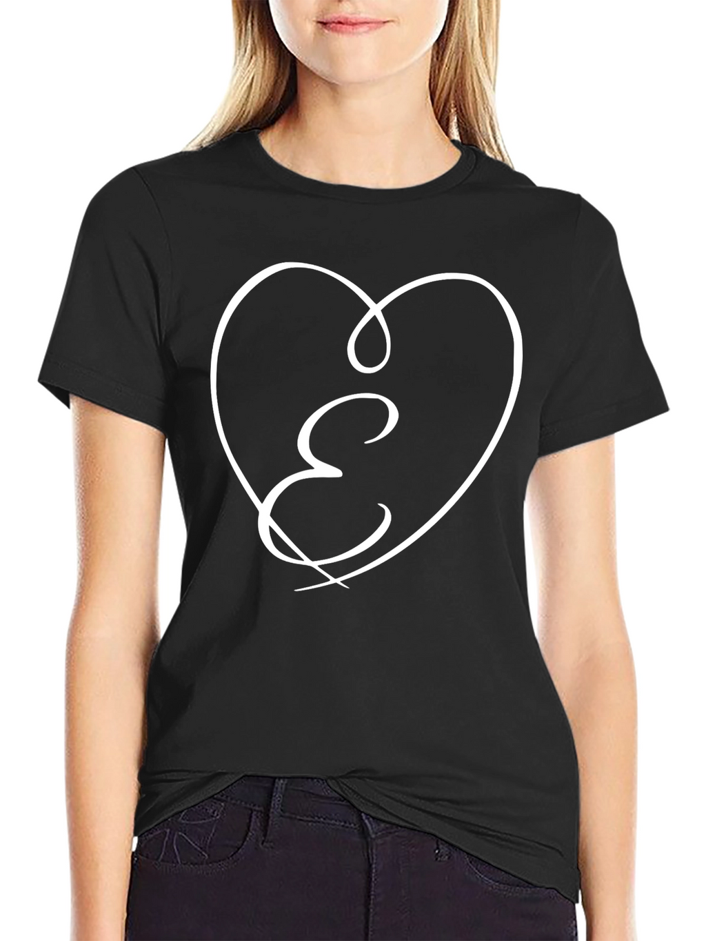 E Heart Graphic Tee - Stylish Black Cotton T-Shirt