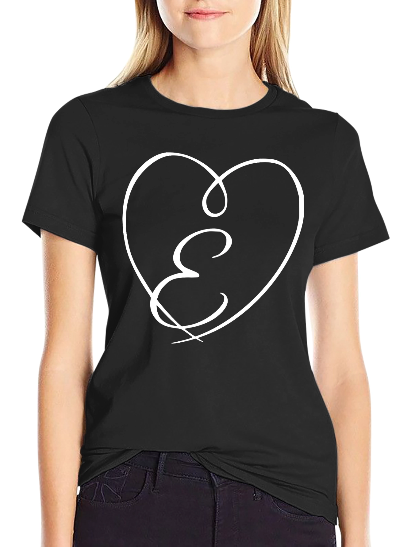 E Heart Graphic Tee - Stylish Black Cotton T-Shirt