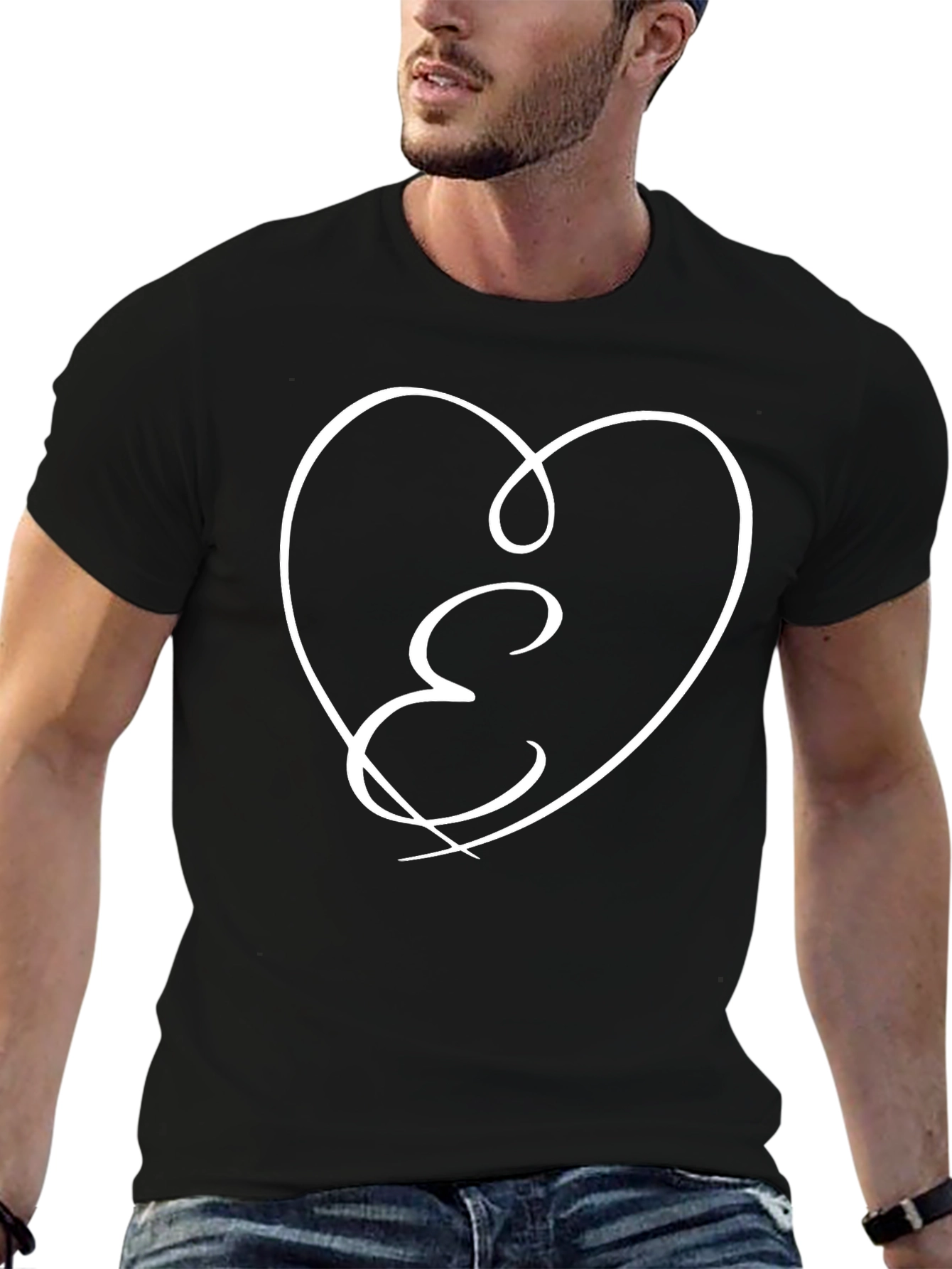 E Heart Graphic Tee - Stylish Black Cotton T-Shirt