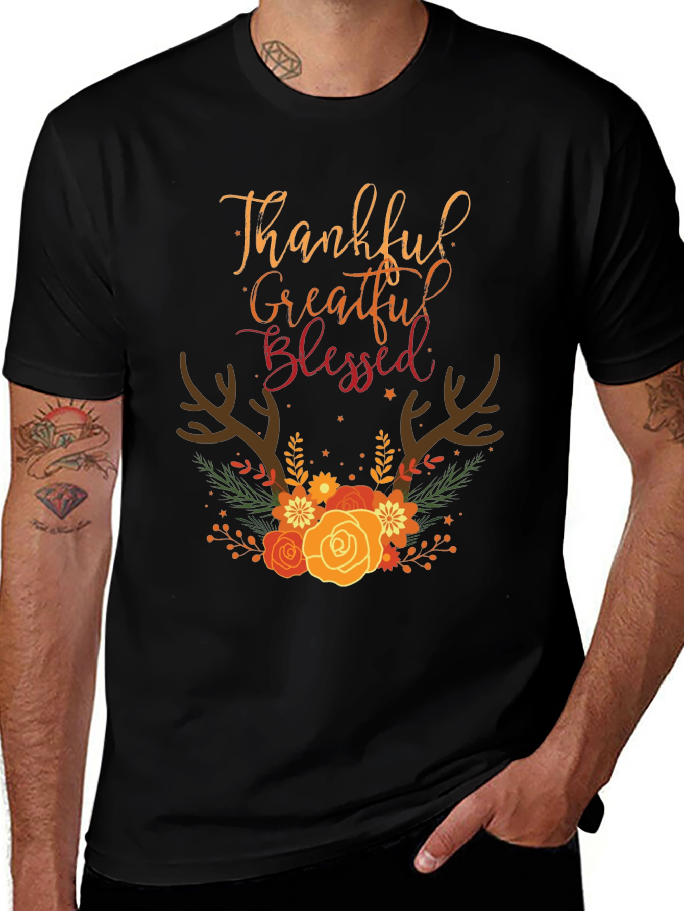 Thankful Grateful Blessed Fall Floral T-Shirt