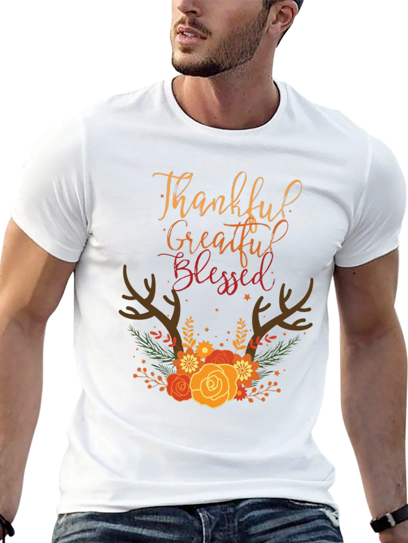 Thankful Grateful Blessed Fall Floral T-Shirt
