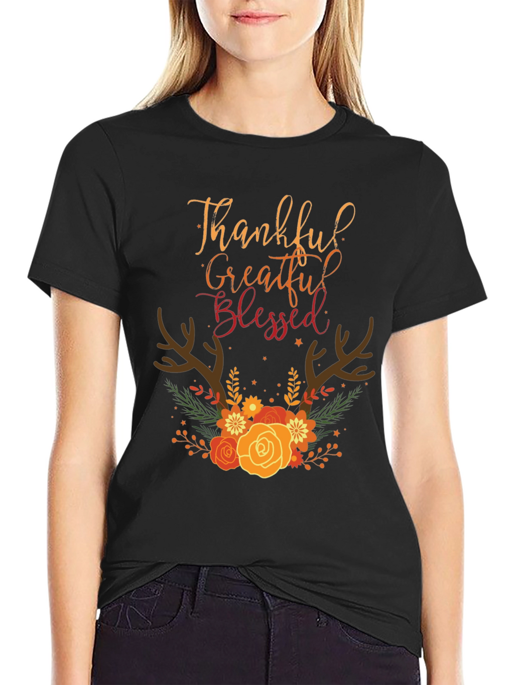 Thankful Grateful Blessed Fall Floral T-Shirt
