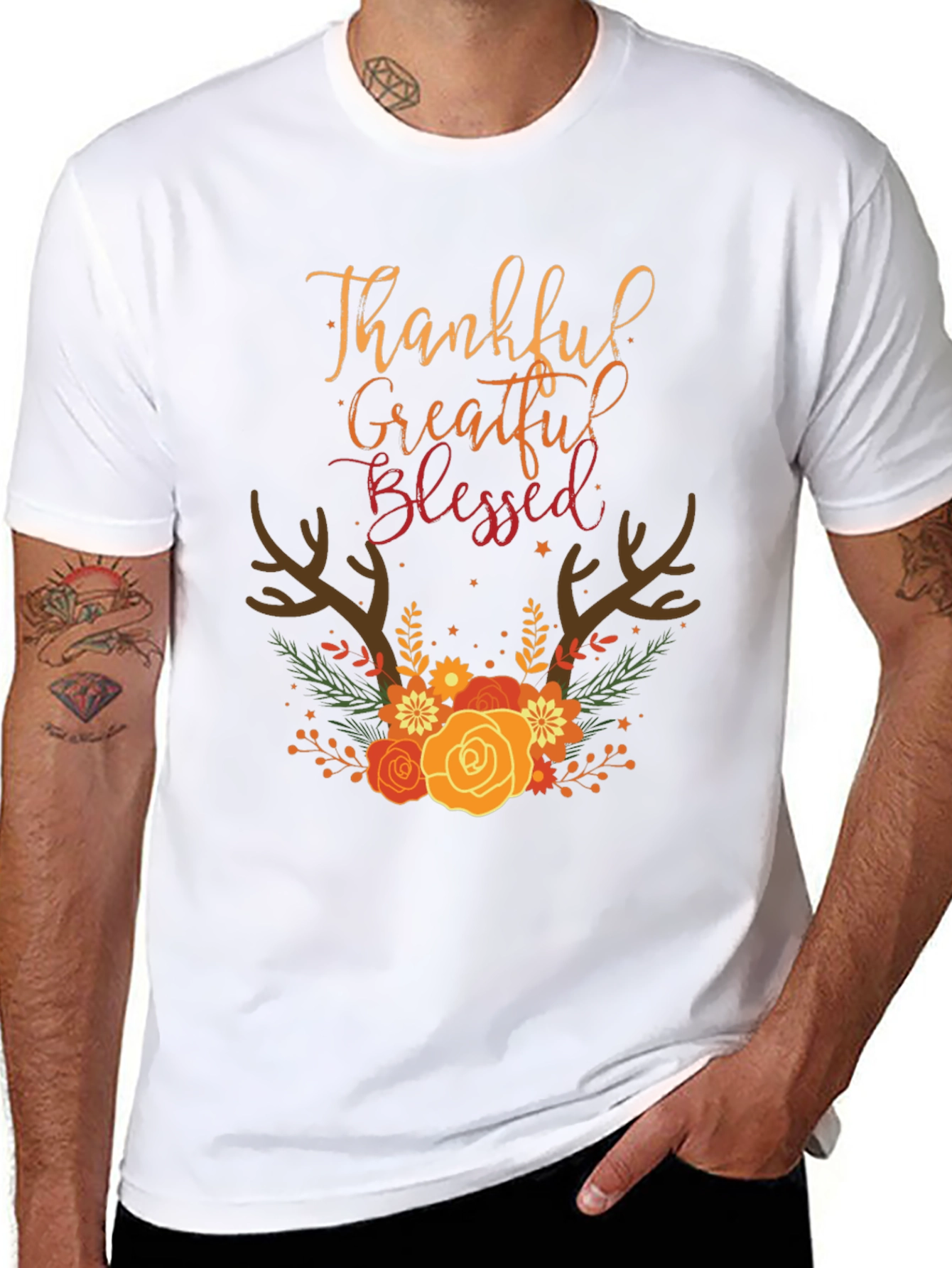 Thankful Grateful Blessed Fall Floral T-Shirt