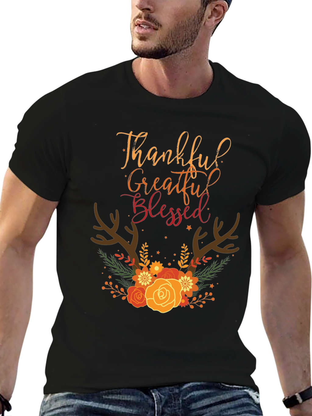 Thankful Grateful Blessed Fall Floral T-Shirt