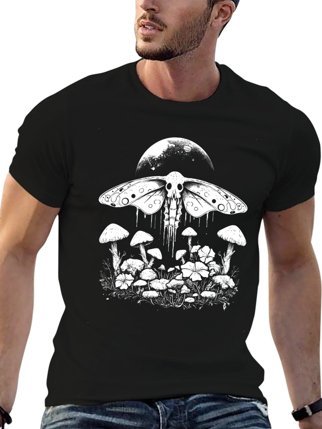 Moth Skull Graphic Tee - Moon & Mushroom Design
