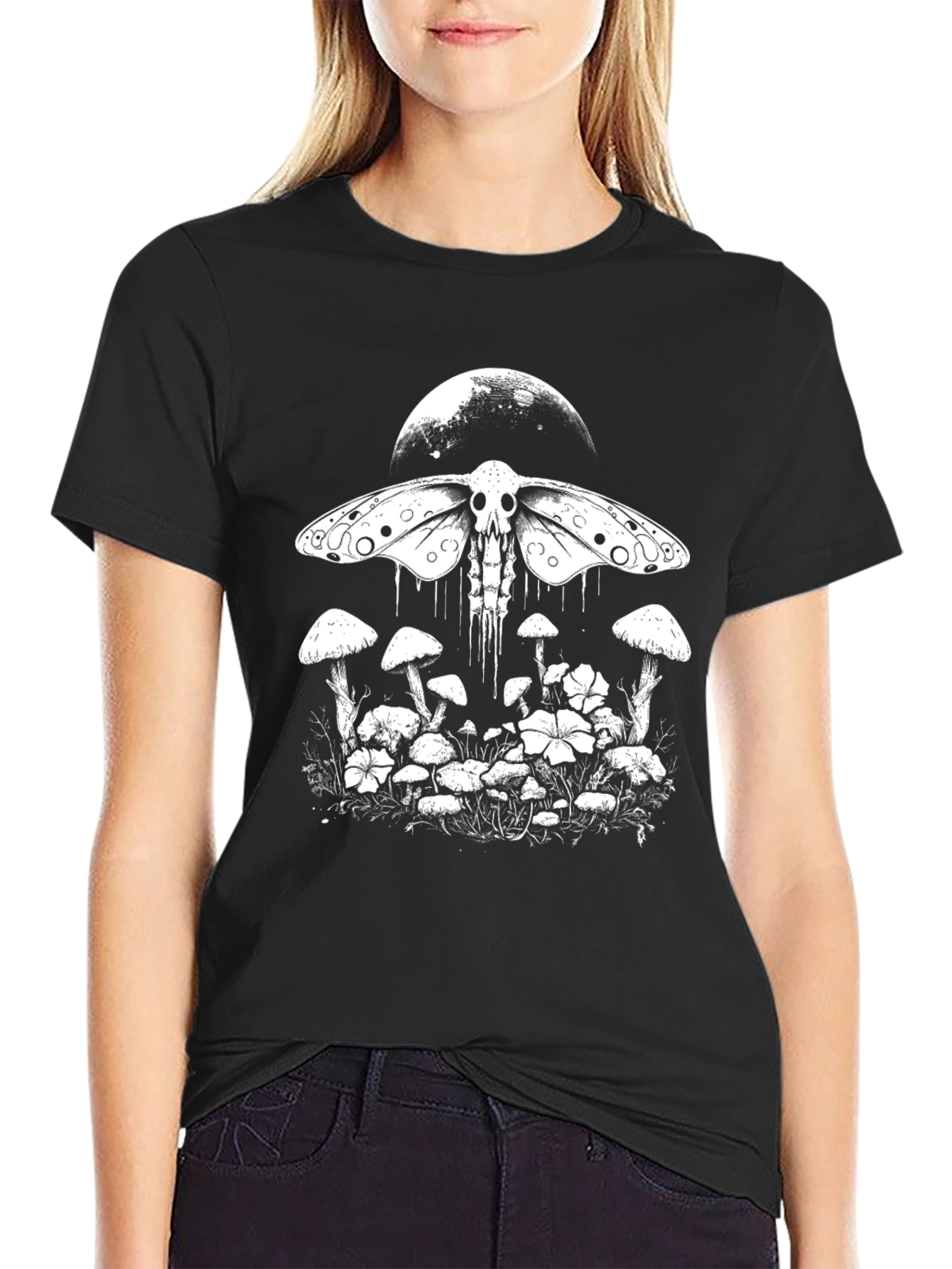 Moth Skull Graphic Tee - Moon & Mushroom Design