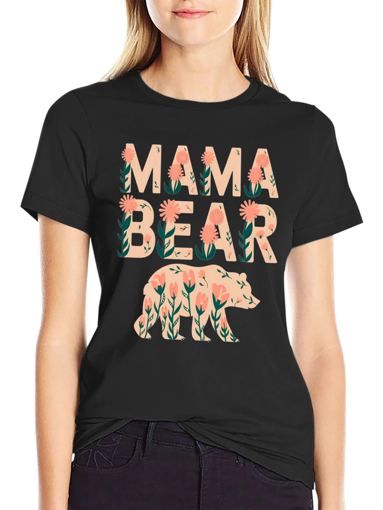 Mama Bear Floral Graphic Tee - Black