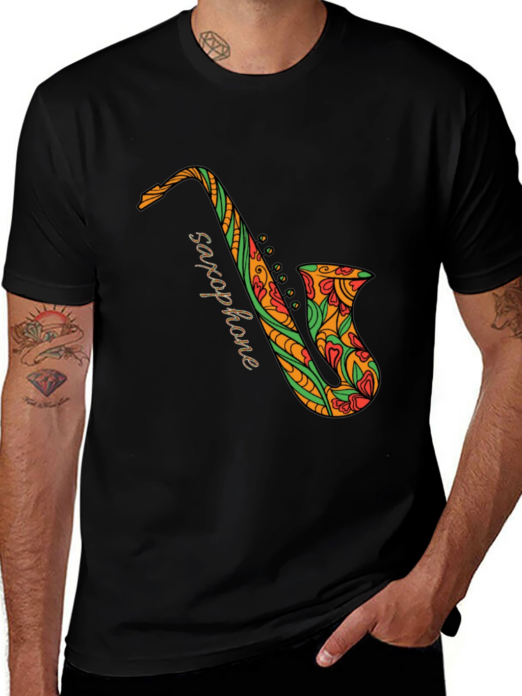 Black Saxophone Floral Graphic Tee