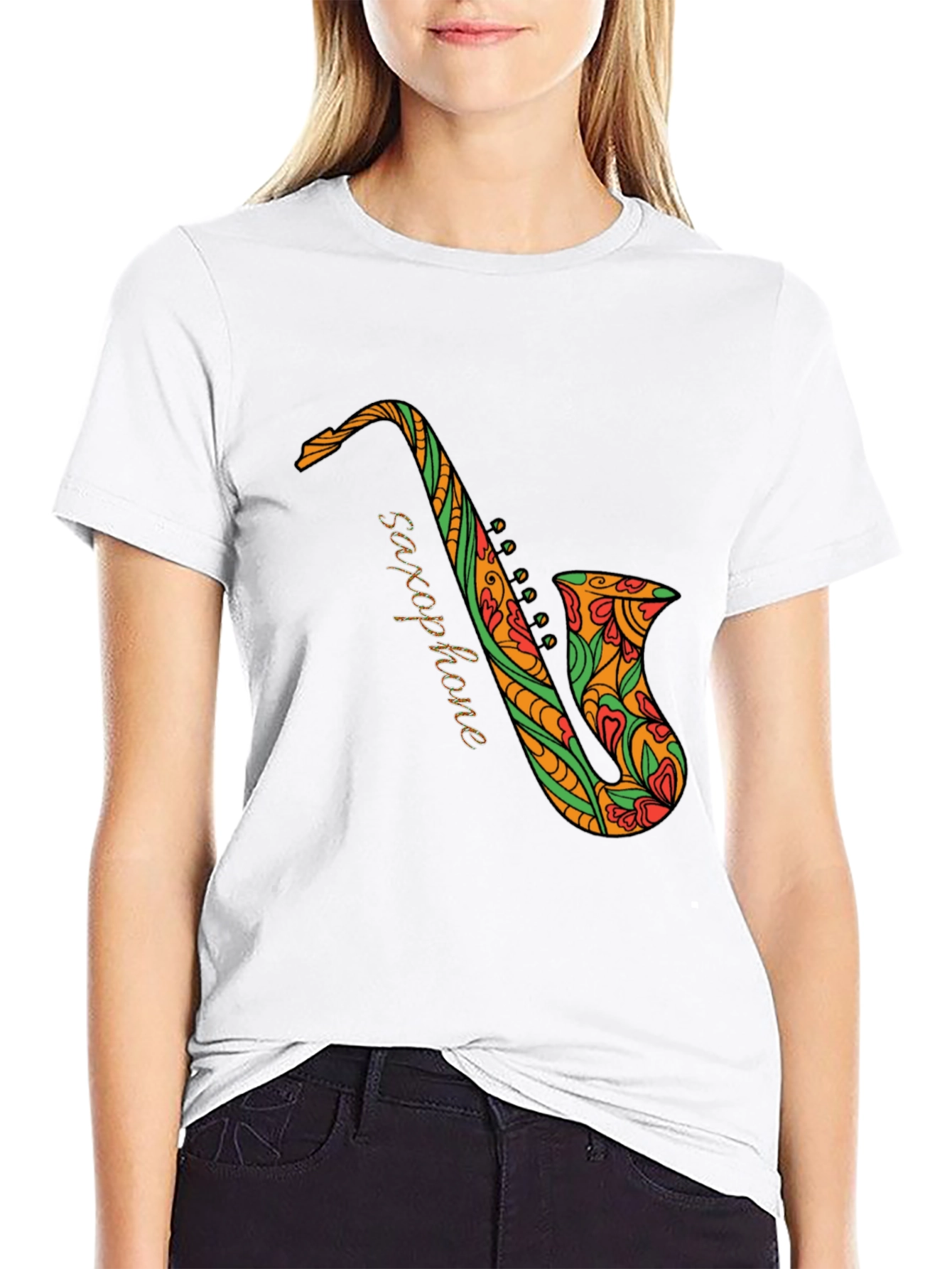 Black Saxophone Floral Graphic Tee