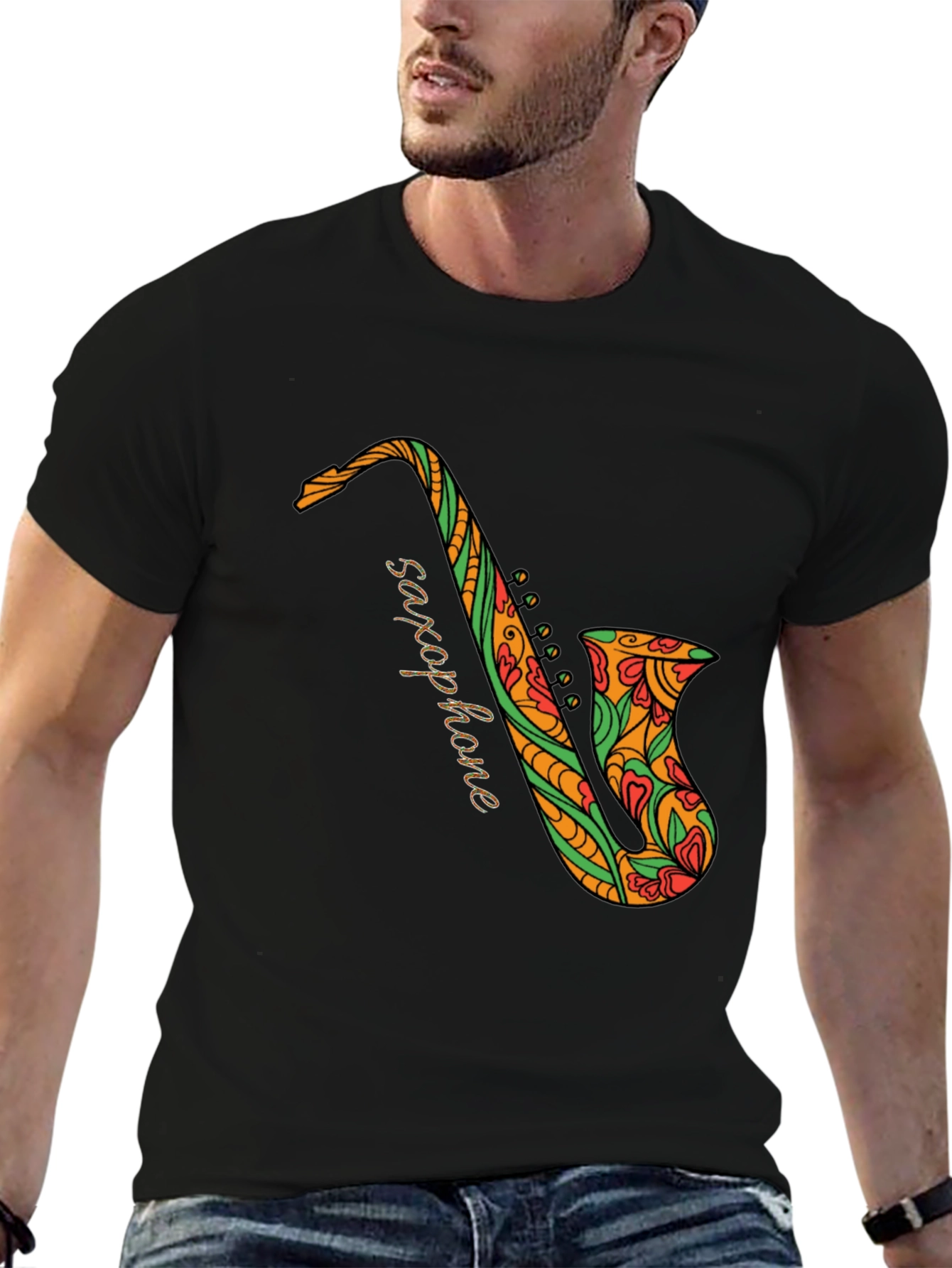 Black Saxophone Floral Graphic Tee