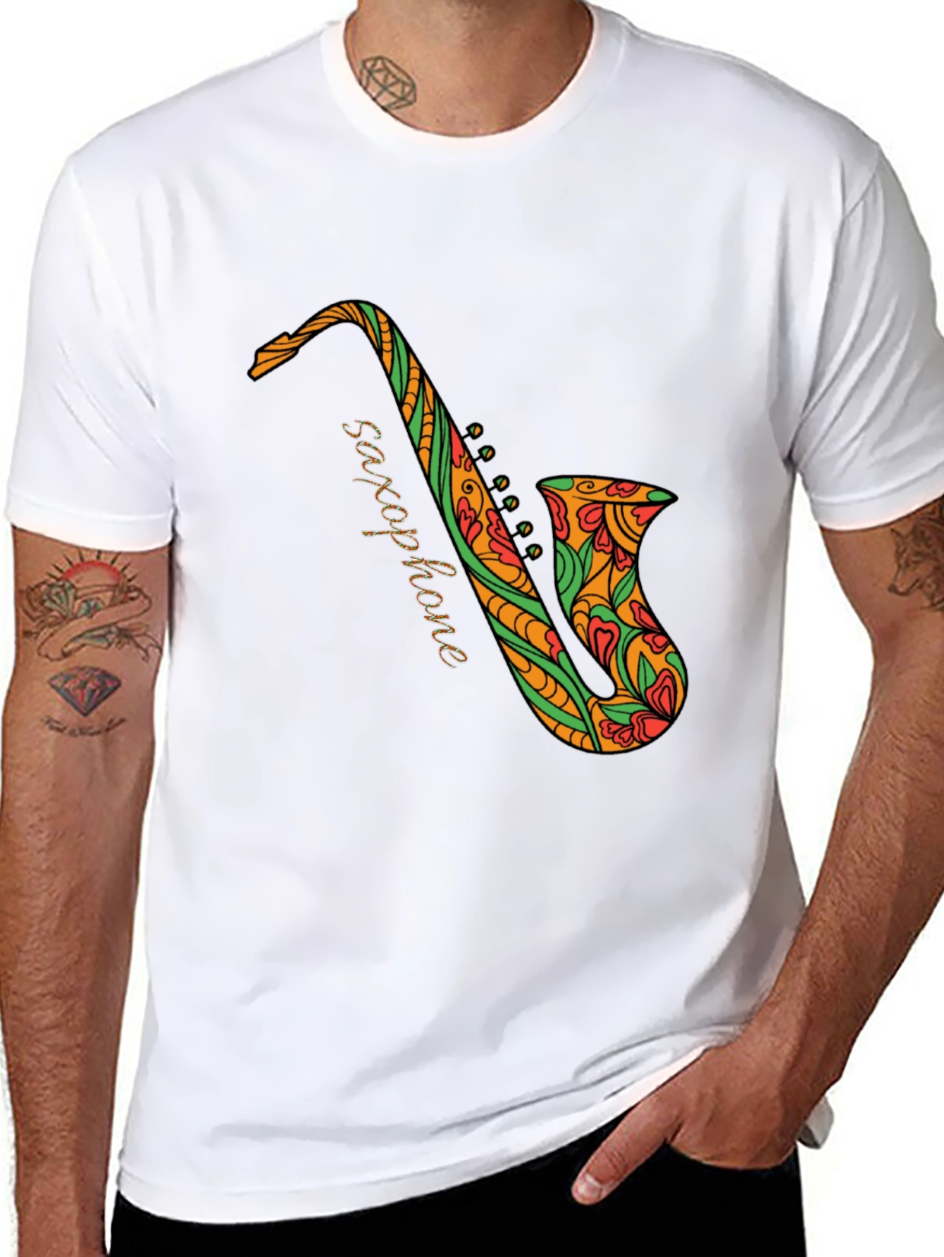 Black Saxophone Floral Graphic Tee
