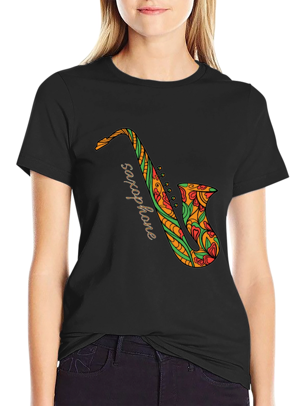 Black Saxophone Floral Graphic Tee