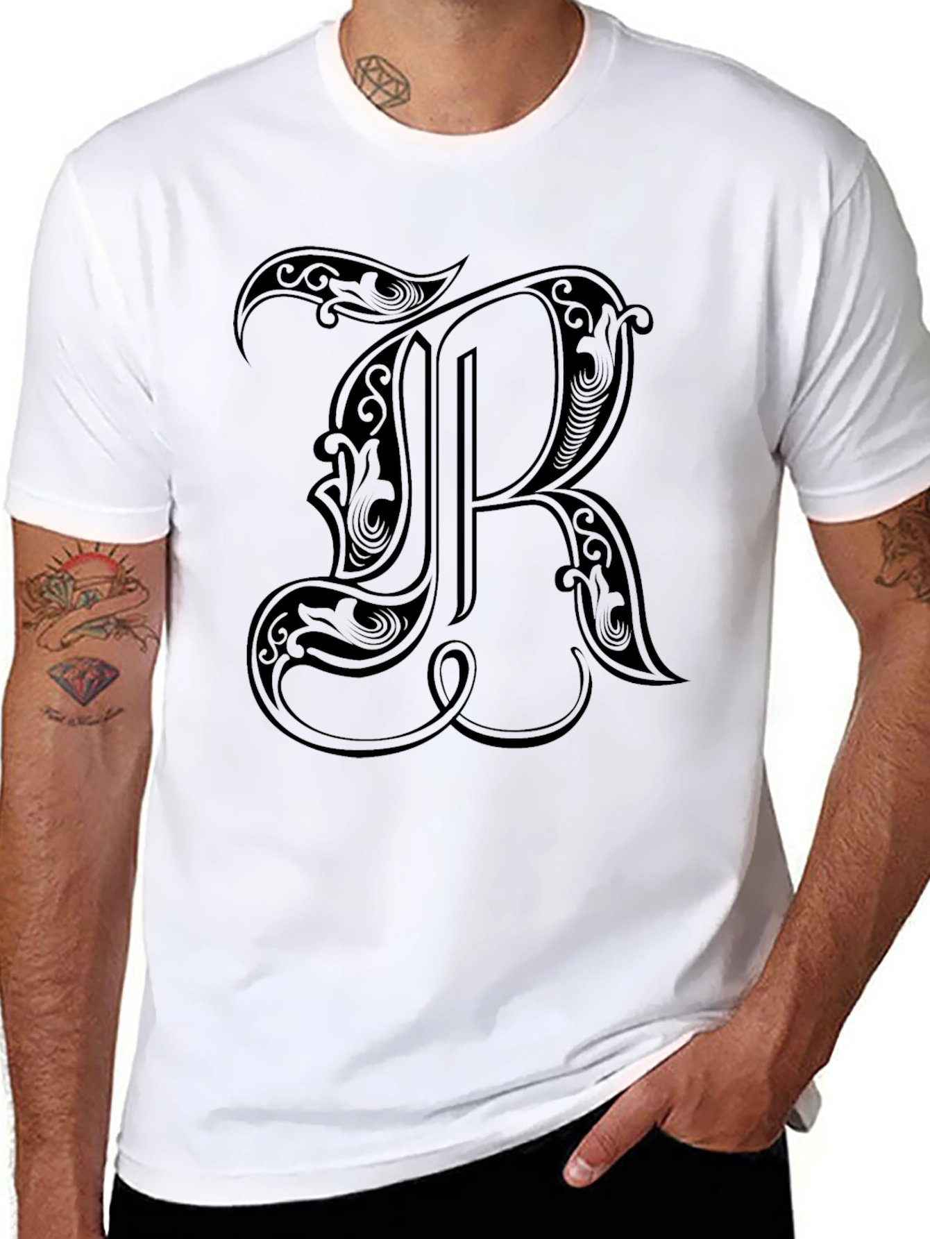 Black T-Shirt with Ornate Letter R