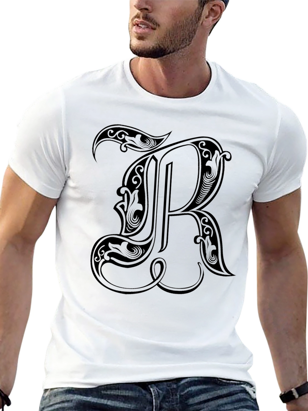 Black T-Shirt with Ornate Letter R