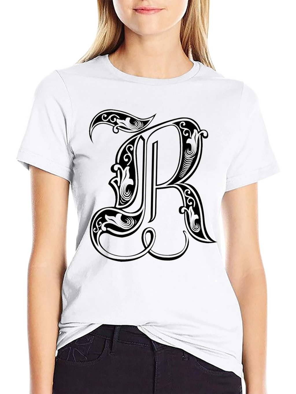 Black T-Shirt with Ornate Letter R