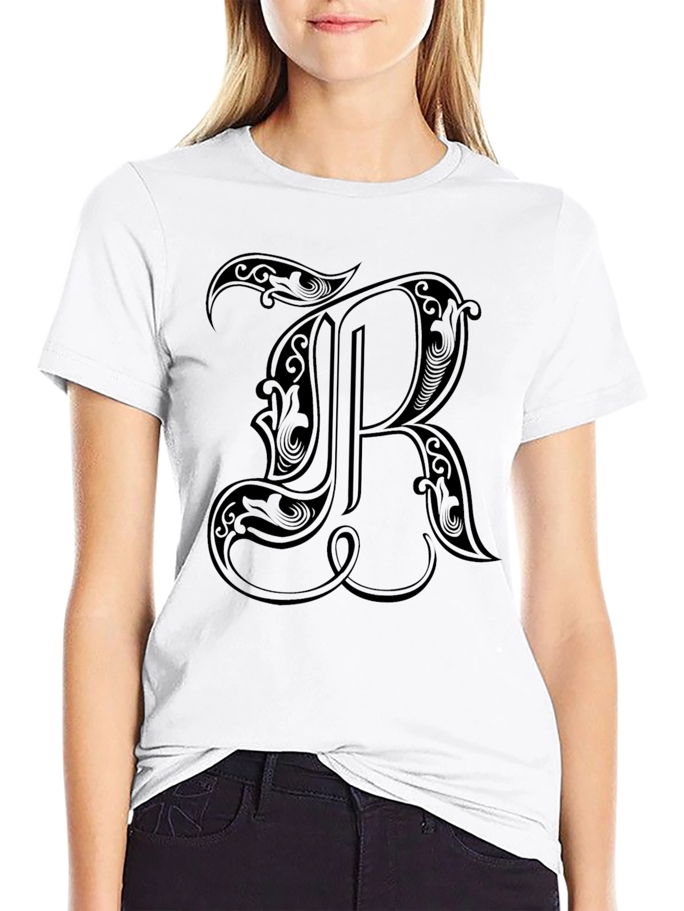 Black T-Shirt with Ornate Letter R