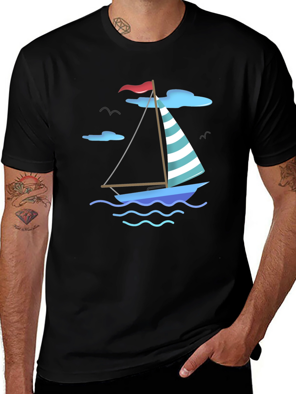 Nautical Sailboat Graphic Tee - Black Cotton T-Shirt