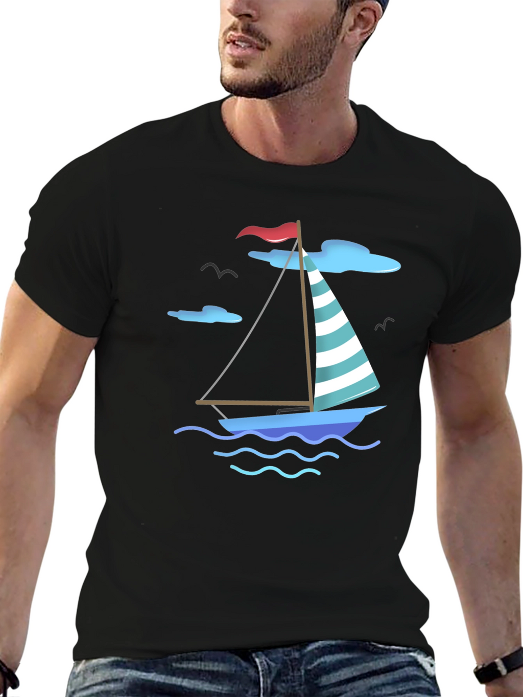 Nautical Sailboat Graphic Tee - Black Cotton T-Shirt