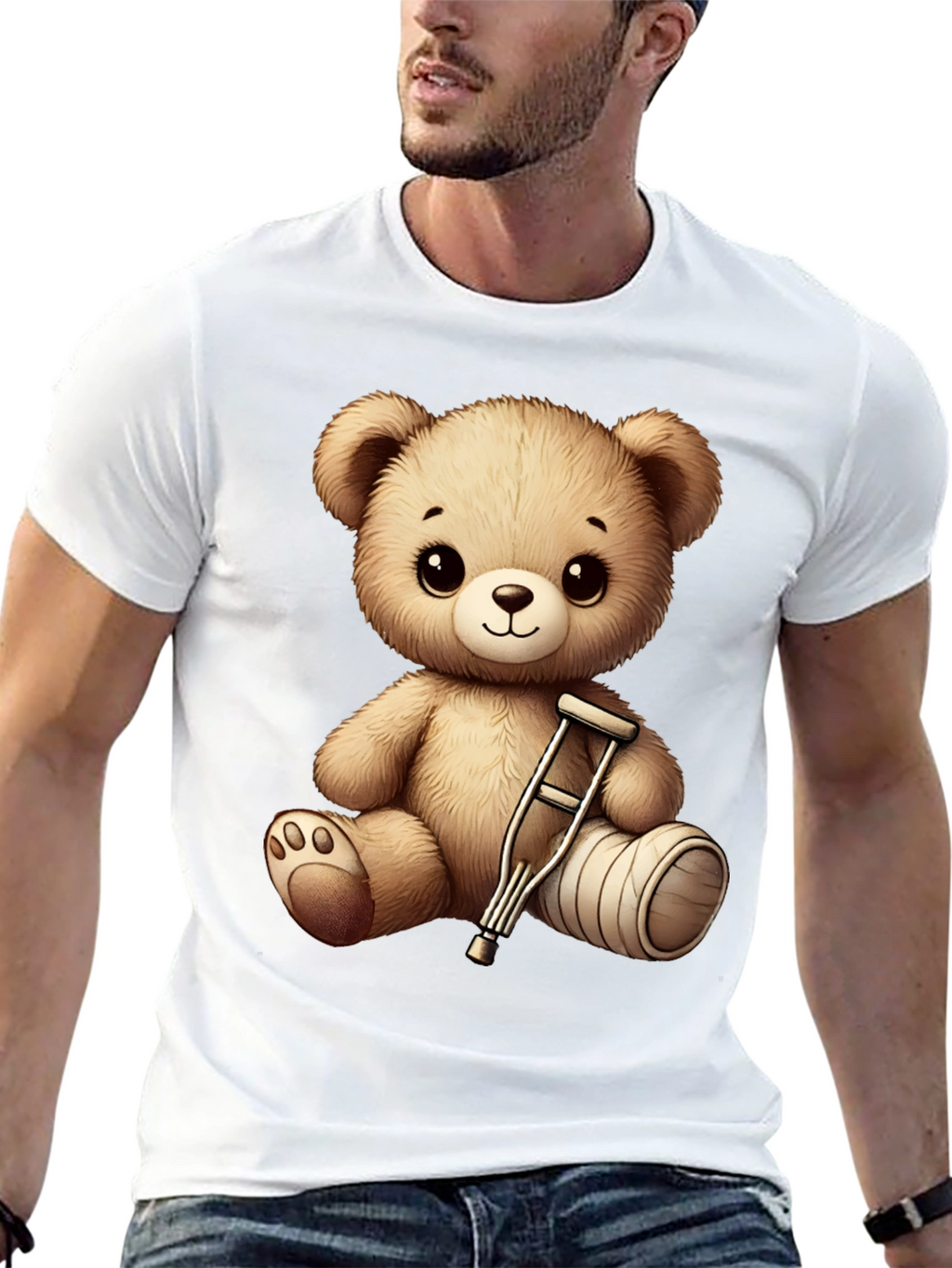 Cute Teddy Bear with Broken Leg Black T-Shirt