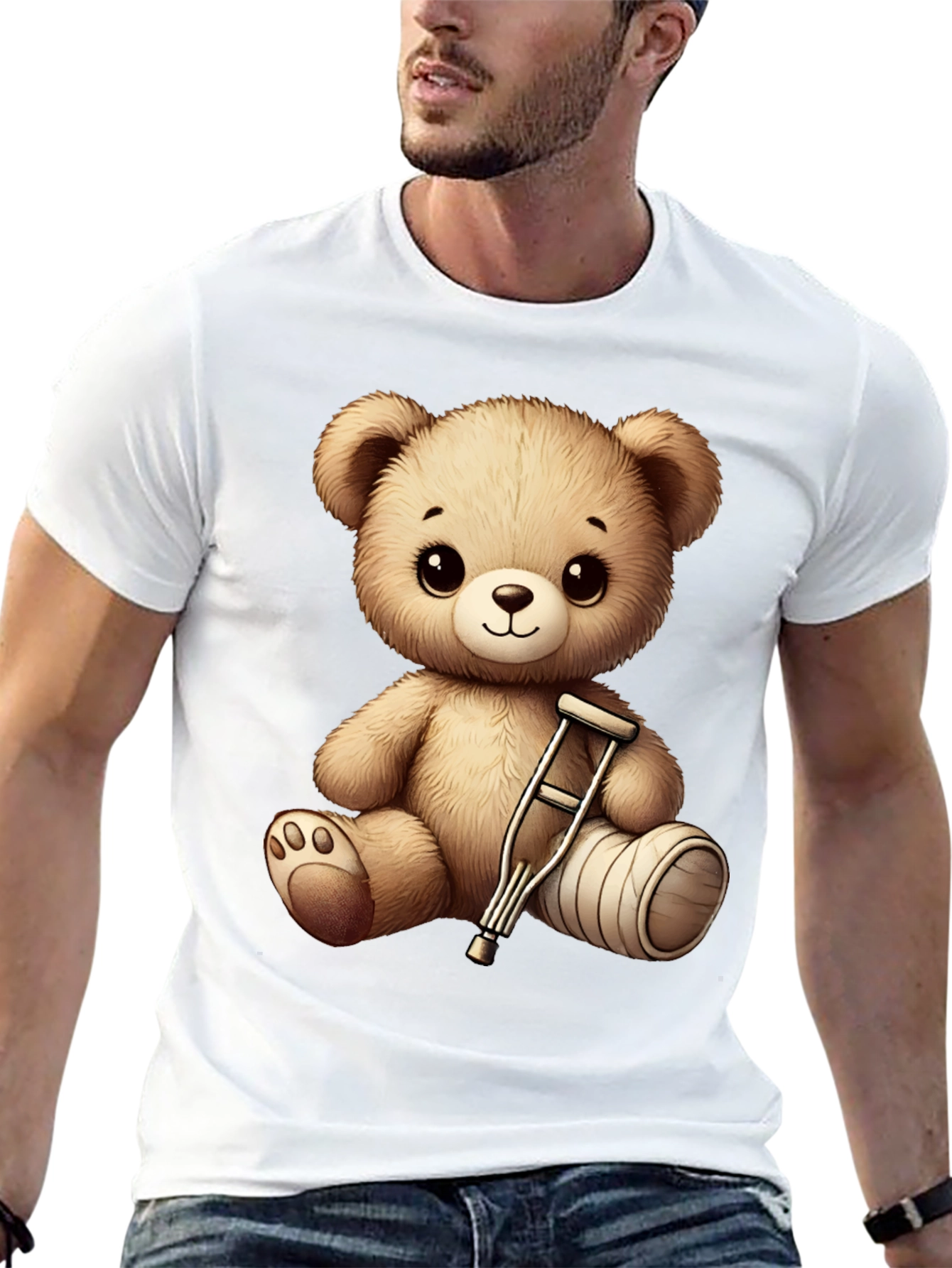Cute Teddy Bear with Broken Leg Black T-Shirt
