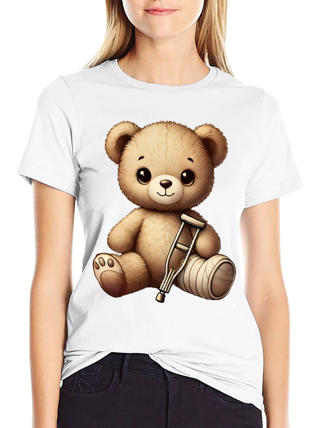 Cute Teddy Bear with Broken Leg Black T-Shirt