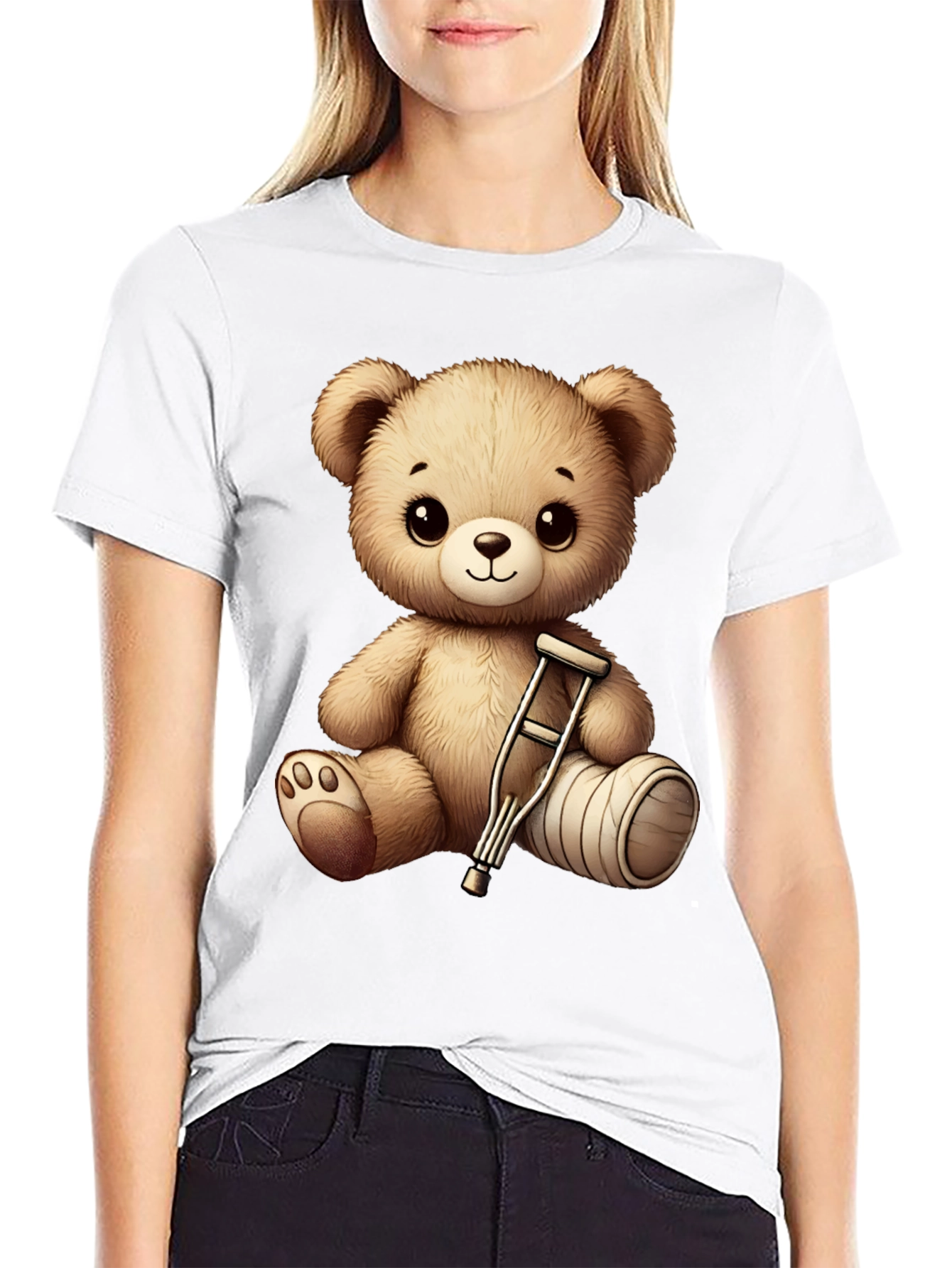 Cute Teddy Bear with Broken Leg Black T-Shirt