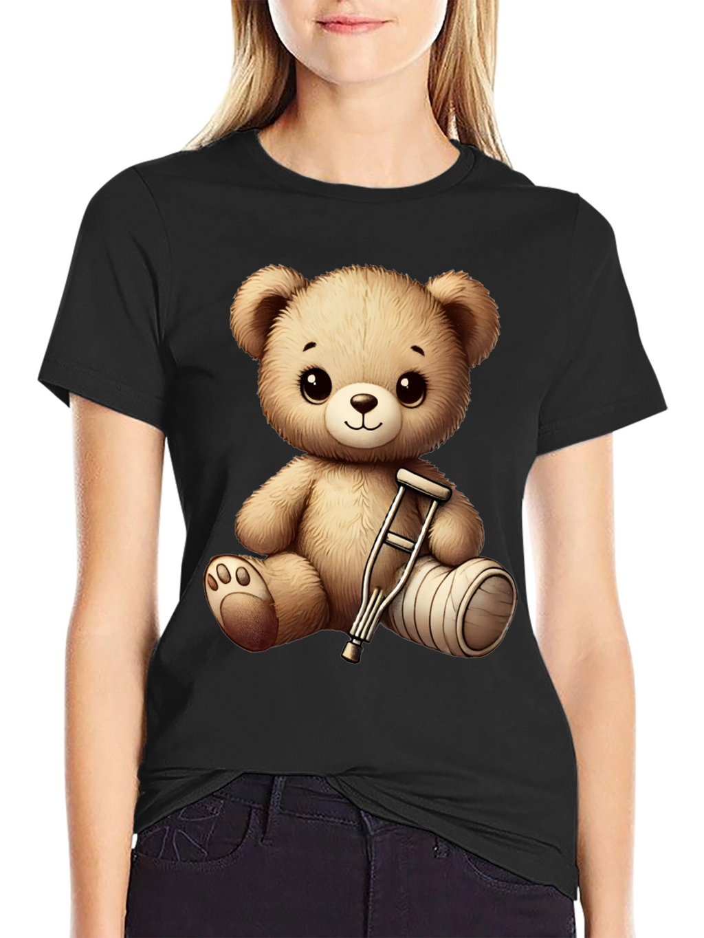 Cute Teddy Bear with Broken Leg Black T-Shirt