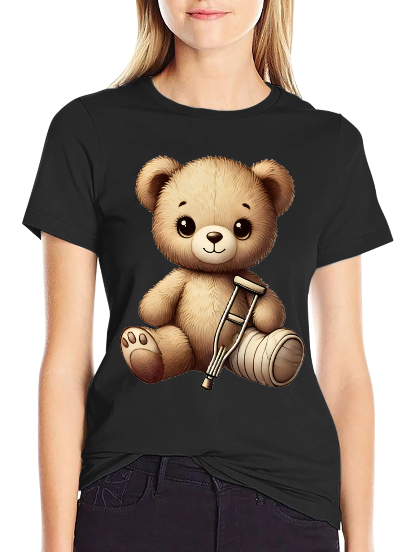 Cute Teddy Bear with Broken Leg Black T-Shirt