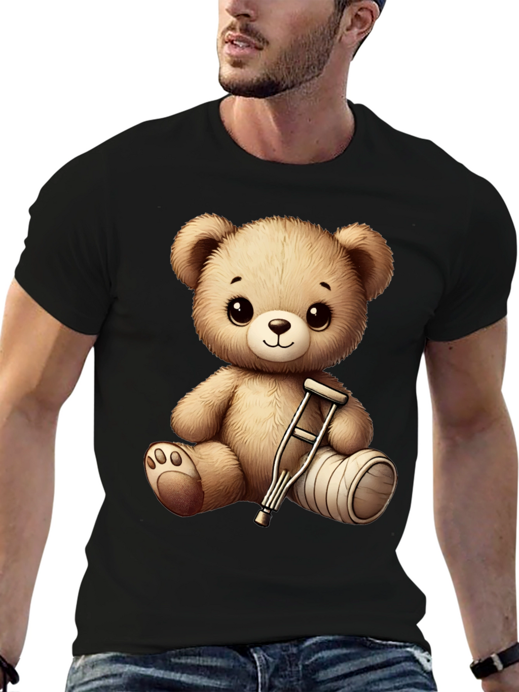 Cute Teddy Bear with Broken Leg Black T-Shirt