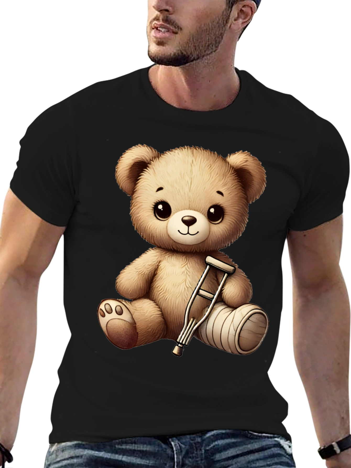 Cute Teddy Bear with Broken Leg Black T-Shirt