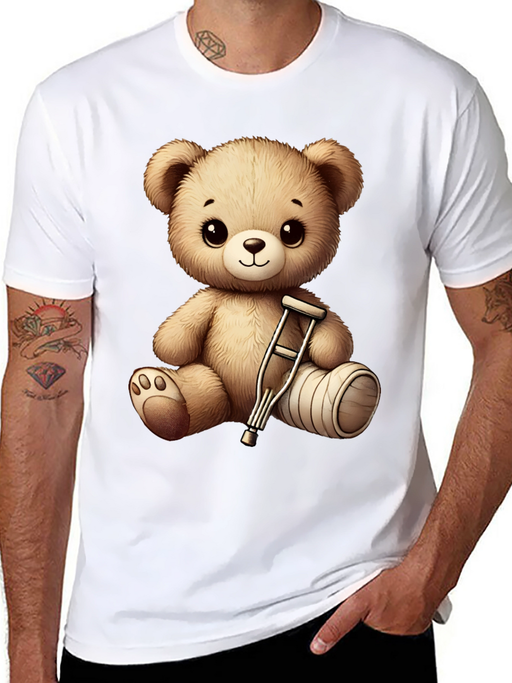 Cute Teddy Bear with Broken Leg Black T-Shirt