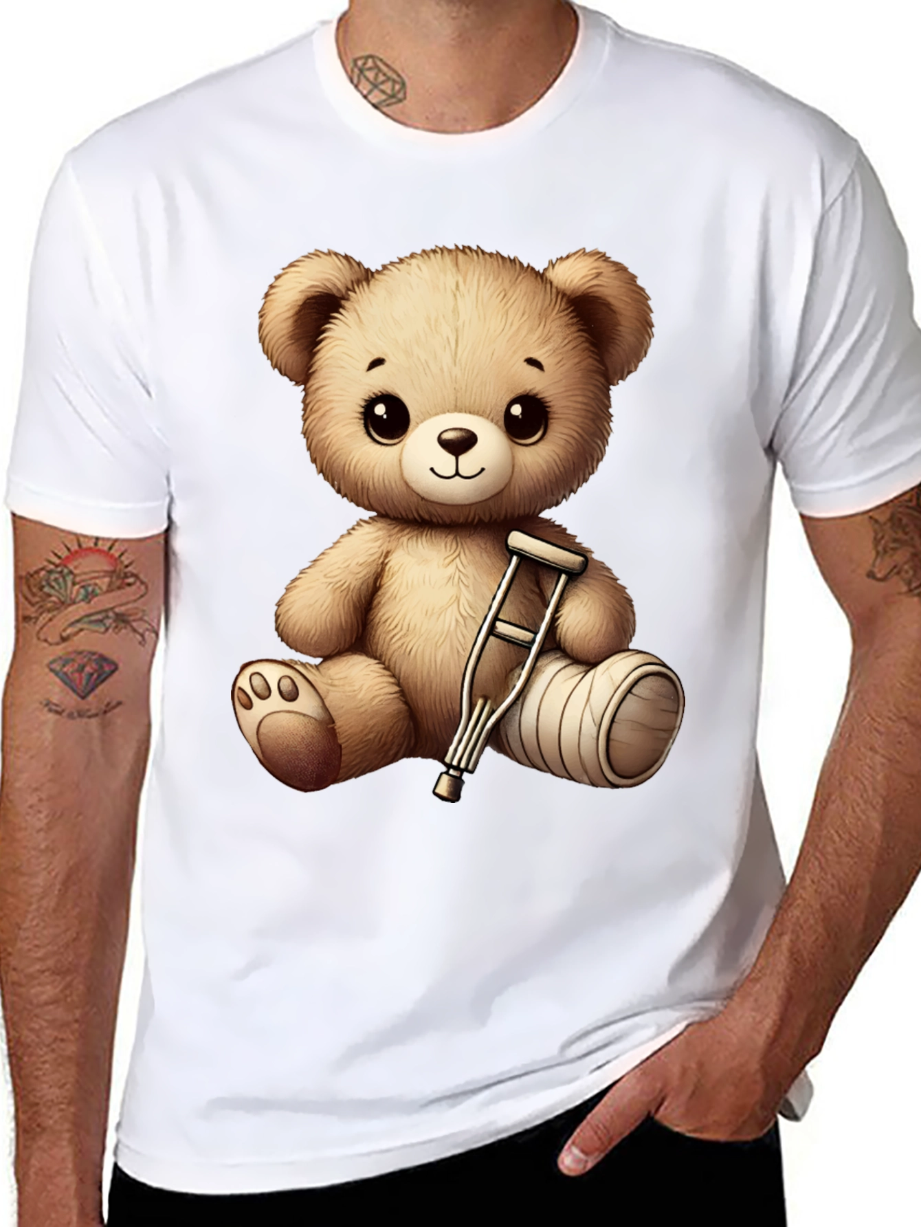 Cute Teddy Bear with Broken Leg Black T-Shirt
