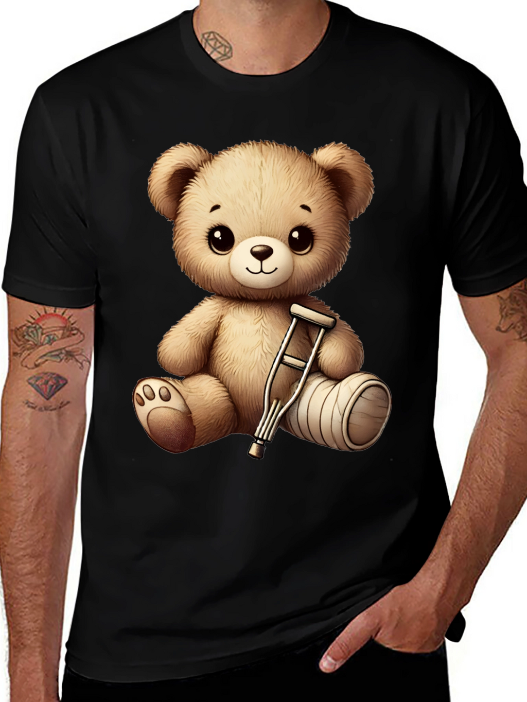 Cute Teddy Bear with Broken Leg Black T-Shirt