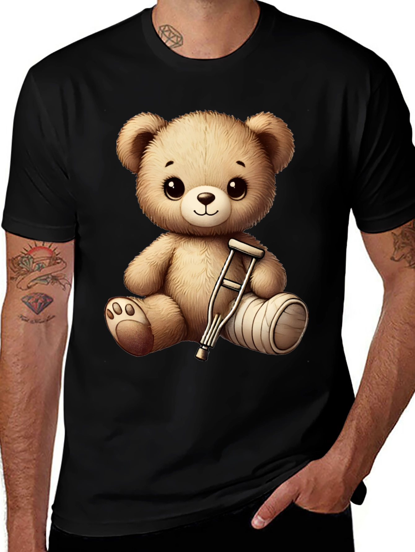 Cute Teddy Bear with Broken Leg Black T-Shirt