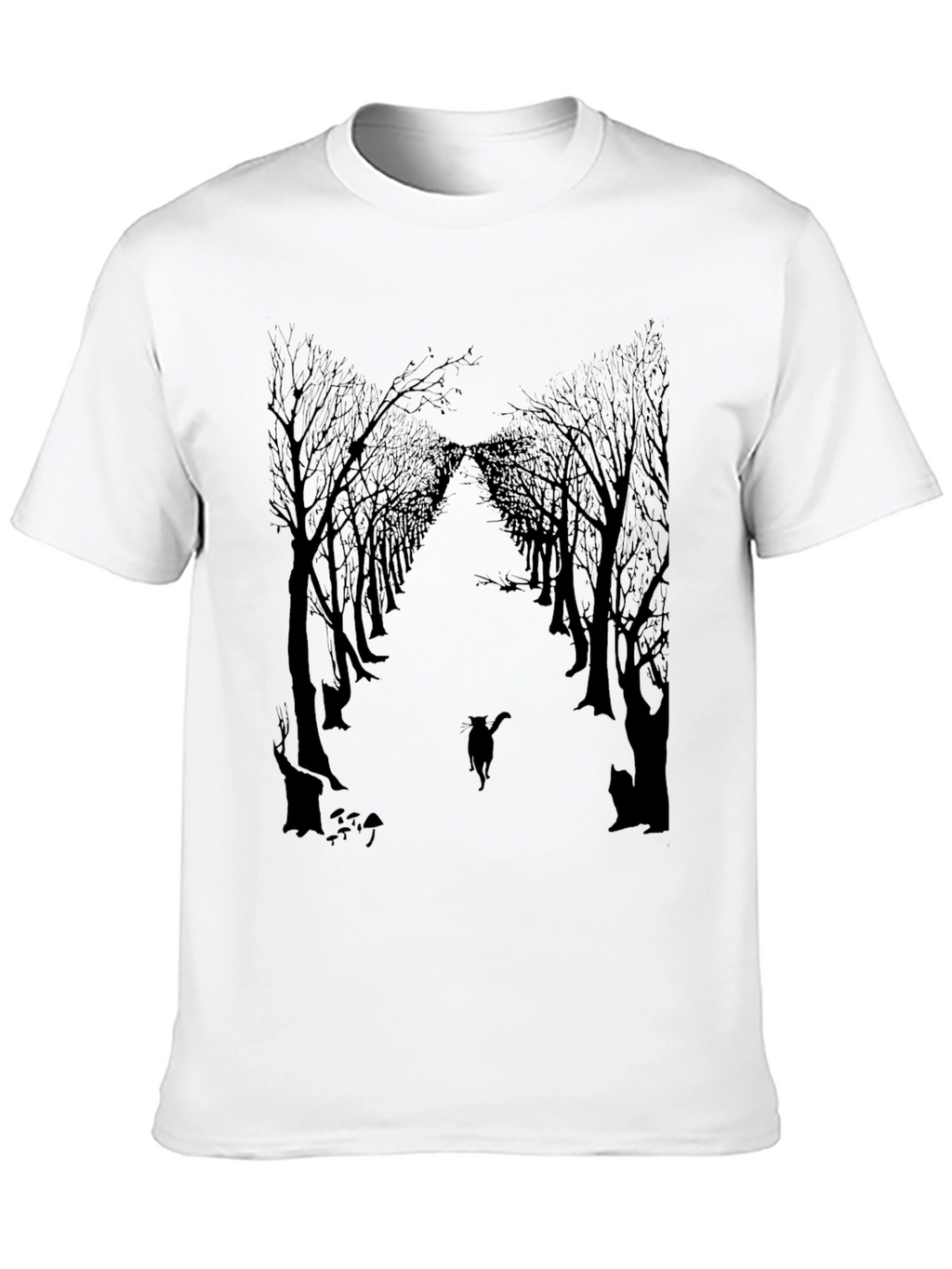 Eerie Forest Cat Print Black T-Shirt