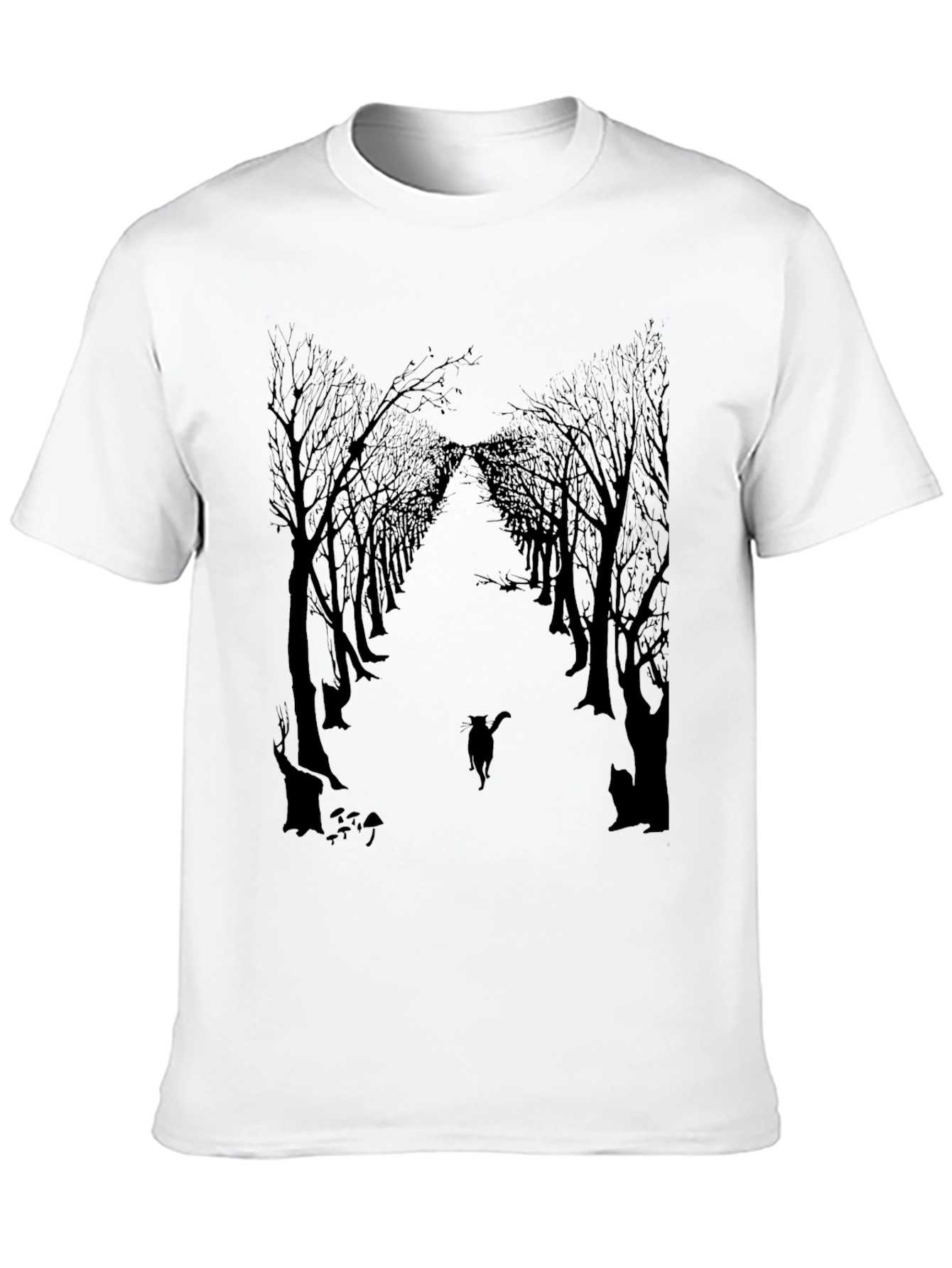 Eerie Forest Cat Print Black T-Shirt