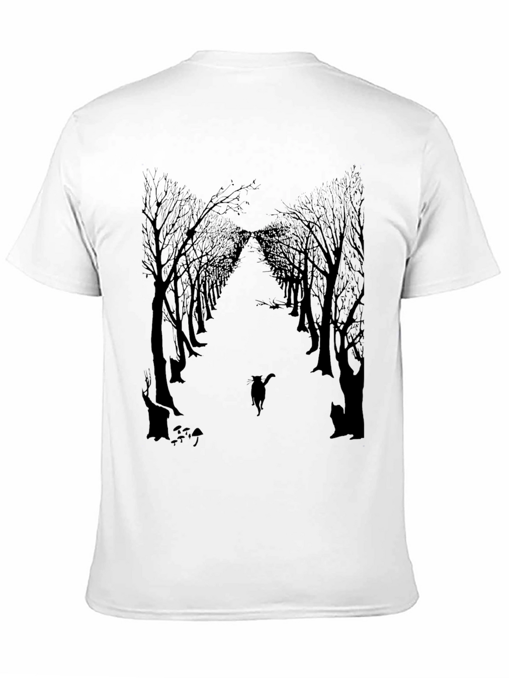 Eerie Forest Cat Print Black T-Shirt