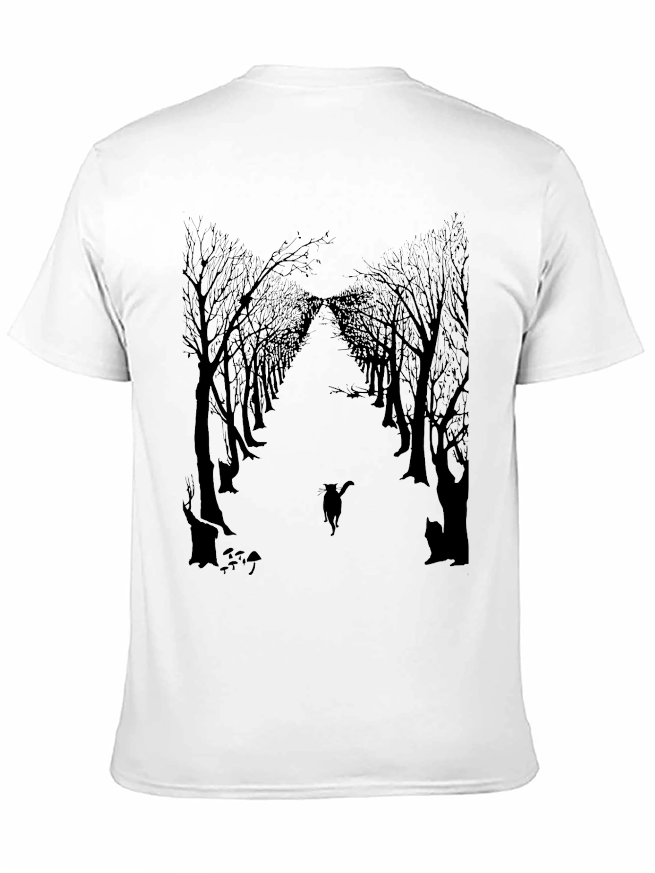 Eerie Forest Cat Print Black T-Shirt